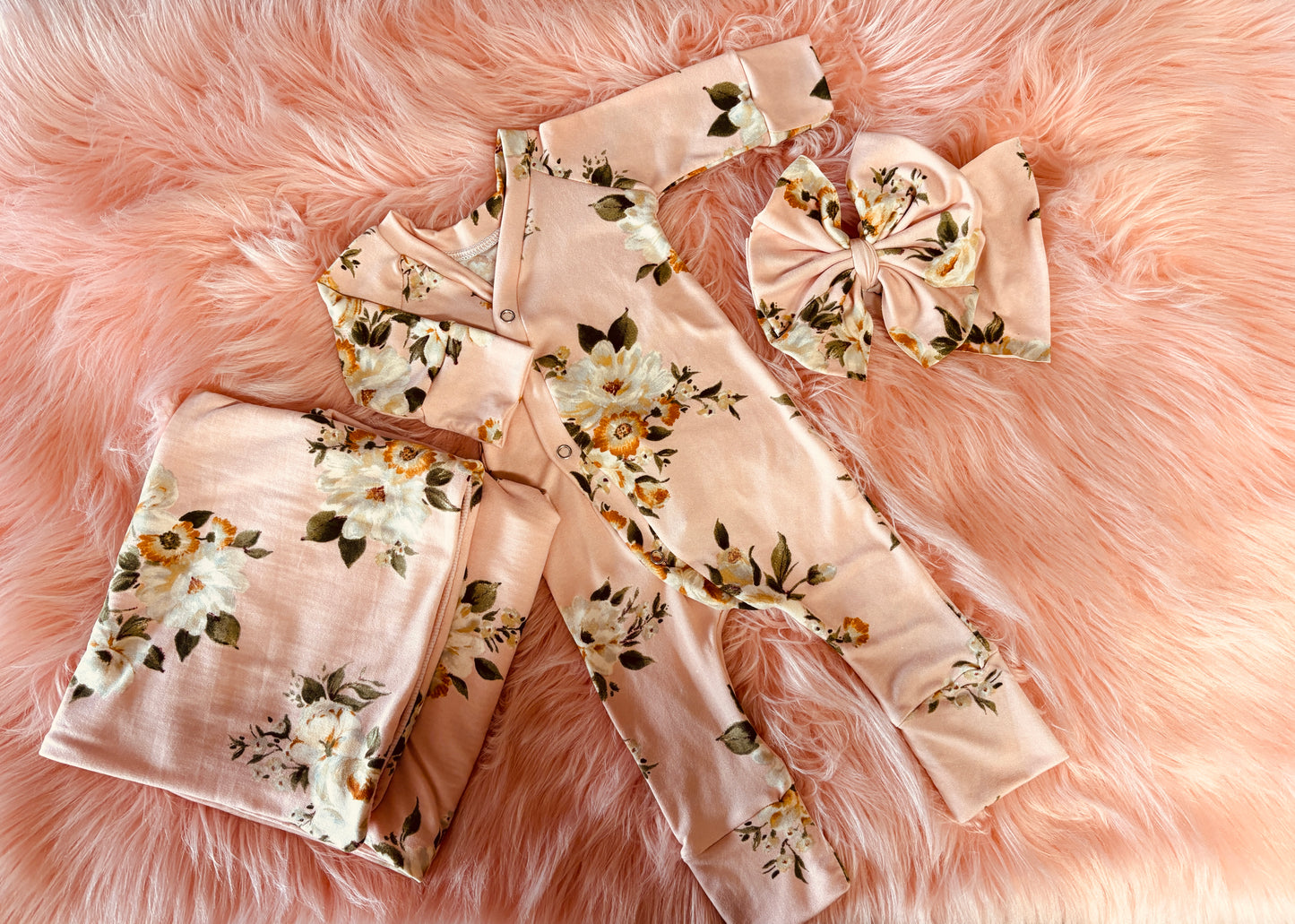 RIVER ROMPER/ SWADDLE/ BOW SET  (choose any print we offer)
