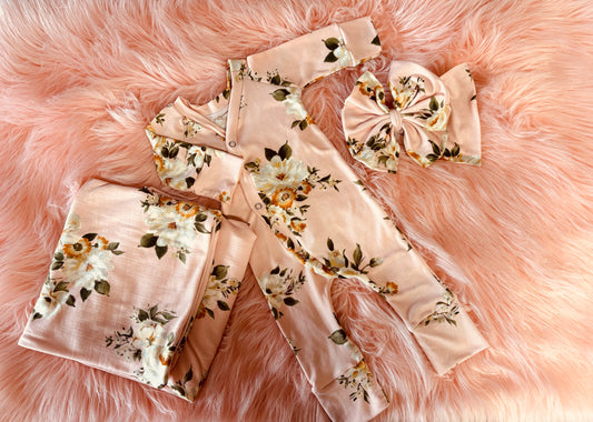 RIVER ROMPER/ SWADDLE/ BOW SET  (choose any print we offer)