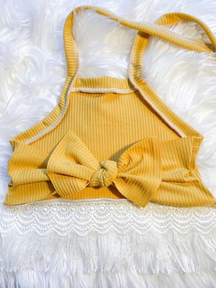 Tie back fringe halter top & bummies fringe set