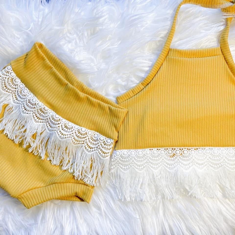 Tie back fringe halter top & bummies fringe set