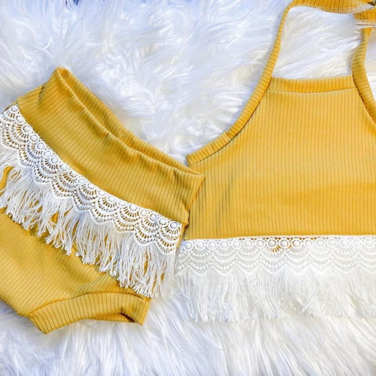 Tie back fringe halter top & bummies fringe set