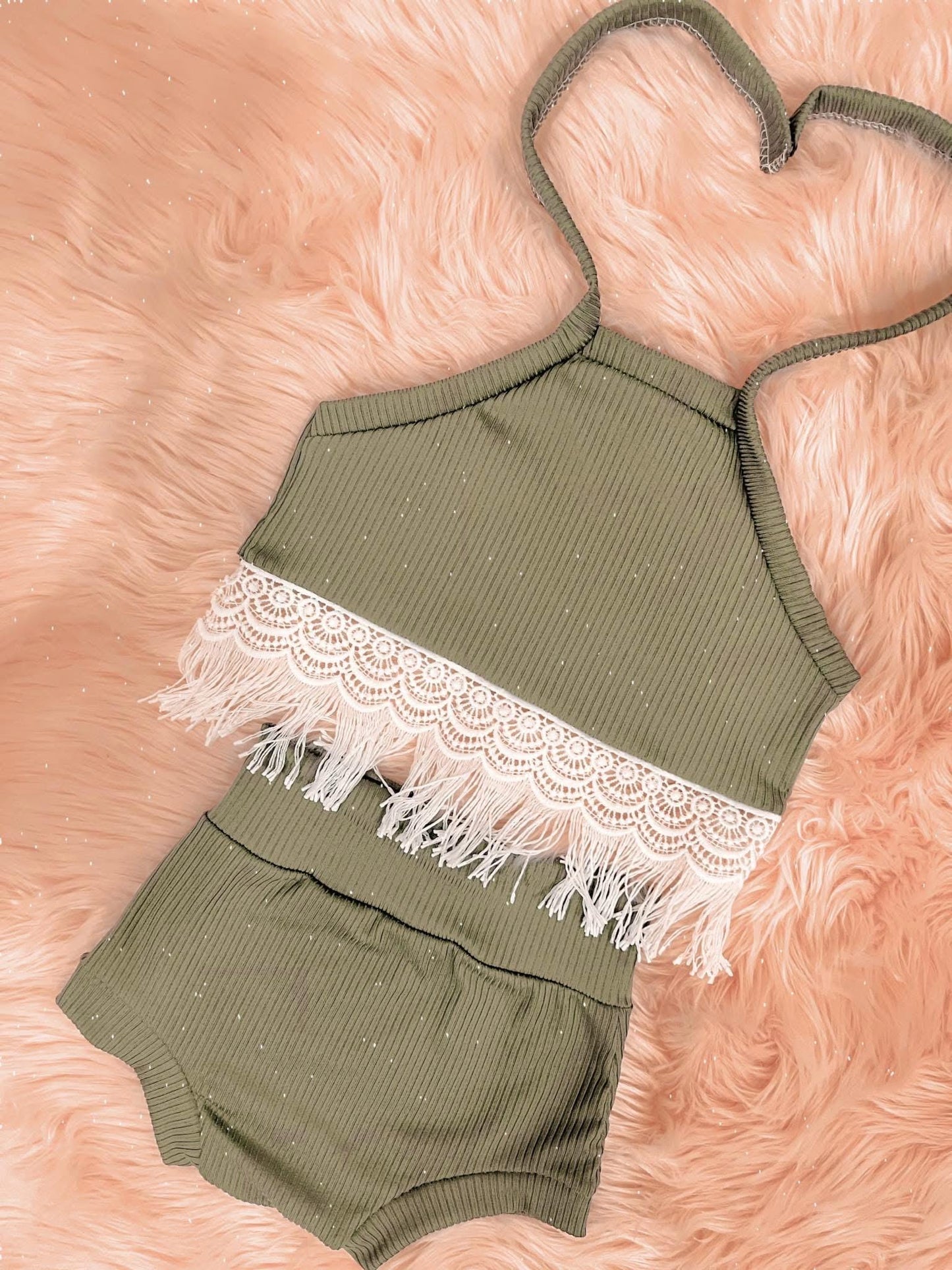 Tie back fringe halter top & bummies set