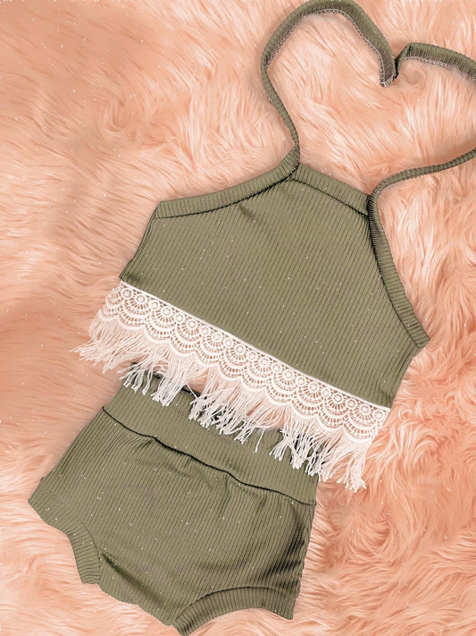 Tie back fringe halter top & bummies set