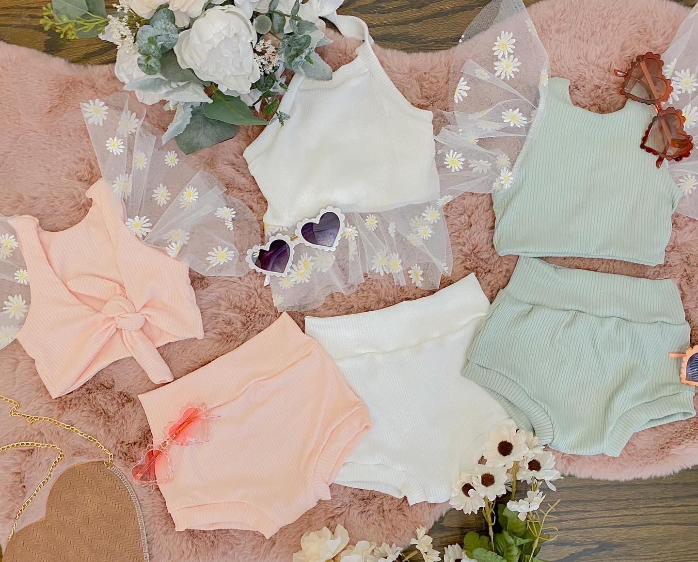 mesh halter top, flutter top, & bummies  set