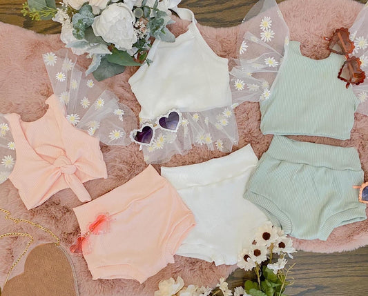 mesh halter top, flutter top, & bummies  set